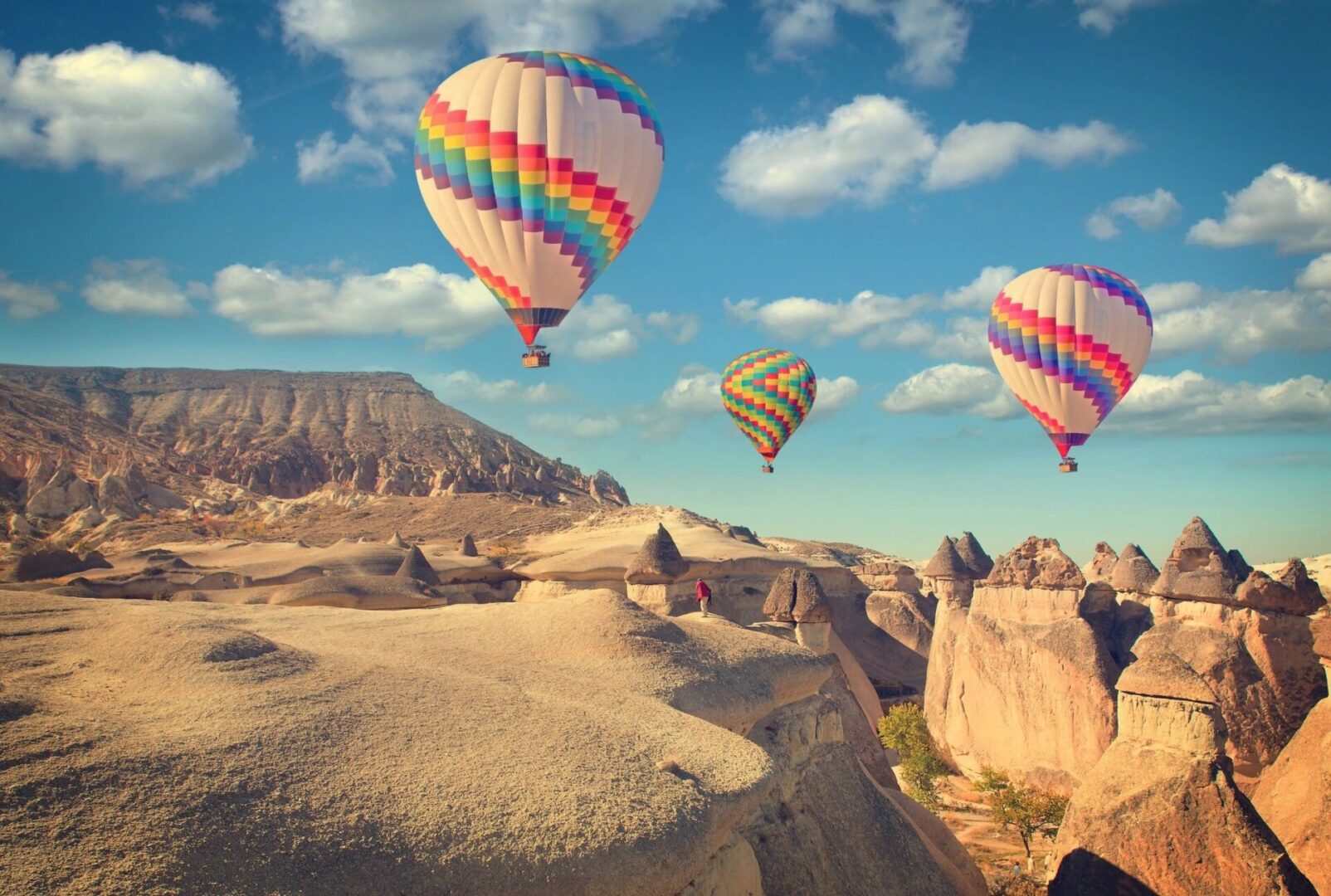 A group of hot air balloons flying over the desert.